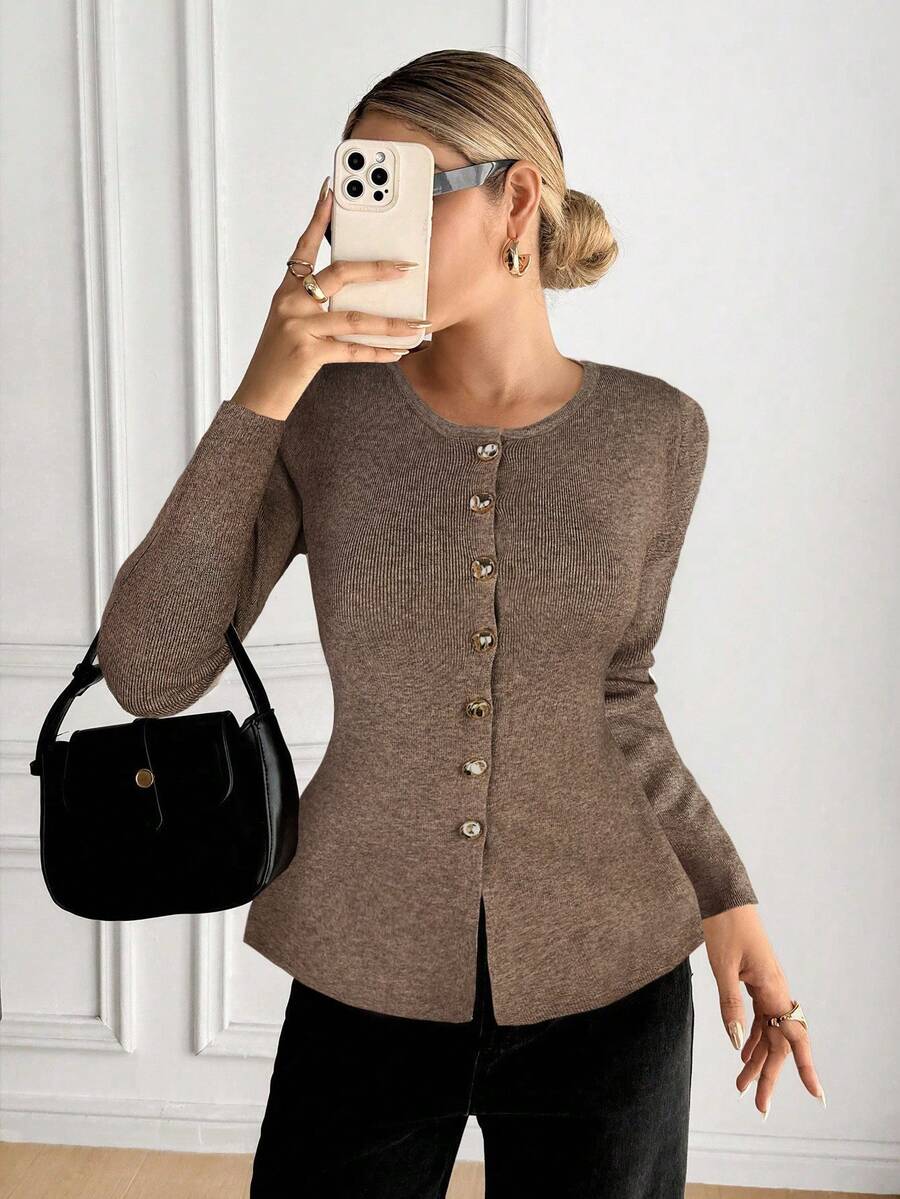Serisse Casual Solid Color Crew Neck Cardigan, Long Sleeve Winter,Fall,Fall Clothes For Women