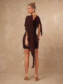 Lumalex VITNOS New Autumn Winter Casual Elegant Coffee Color Stand Collar Double Ruffle Hem Design Loose Elegant Commuter Business Casual Cute Short Dress, Suitable For Wedding, Vacation, Parties, Date, Night Out - Brown - View 3