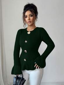 SHEIN Elenzya 女士优雅金属扣袖口荷叶边下摆长袖毛衣，秋冬款 - 綠色 - 查看 6