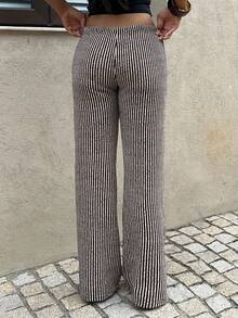 SHEIN Unity Women's Brown Striped Straight Leg Low Waist Casual Pants, Versatile For Daily Wear, Autumn/Winter - Multicolor - View 2