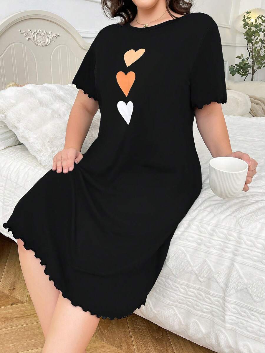 Camisón de noche informal con estampado de corazón para tallas grandes, vestido de dormir tipo "Moo Moo" - Negro - Ver 1