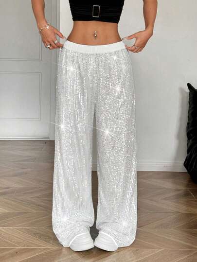 SHEIN EZwear Plus Size Sequin Embellished Loose Pants, Fashionable For Parties/Winter