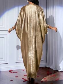 SHEIN Lady Women's Solid Color Metallic V-Neck Batwing Sleeve Pleated Dress - Gold - View 2