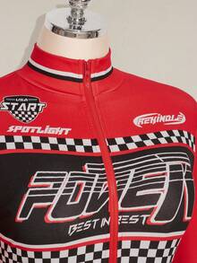 SHEIN ICON 女士加大码秋冬性感复古简约运动休闲时尚前卫赛车服字母图案黑白棋盘格印花高领前拉链黑红撞色连体衣 - 紅色 - 查看 6