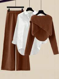 GlowEve Women's Solid Color Wrap Sweater And Knit Pants 2 Pieces Set, Autumn/Winter