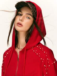 Rina Fox 女式插肩袖连帽抽绳休闲铆钉运动衫 - 紅色 - 查看 8