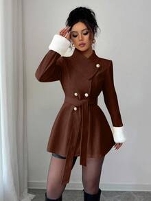 Elenzga Thiết kế cổ áo bất đối xứng dành cho nữ với cổ tay áo lông, eo thắt eo, áo khoác ngoài thanh lịch cho việc đi lại hàng ngày - màu nâu - Xem 3