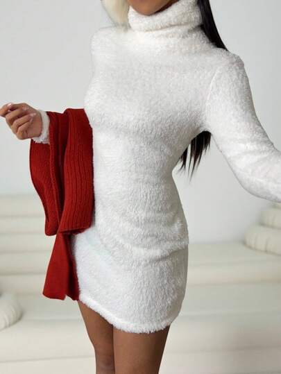 SHEIN EZwear Plus Size Women's Solid Color Turtleneck Long Sleeve Fleece Fitted Casual Dress, Autumn/Winter