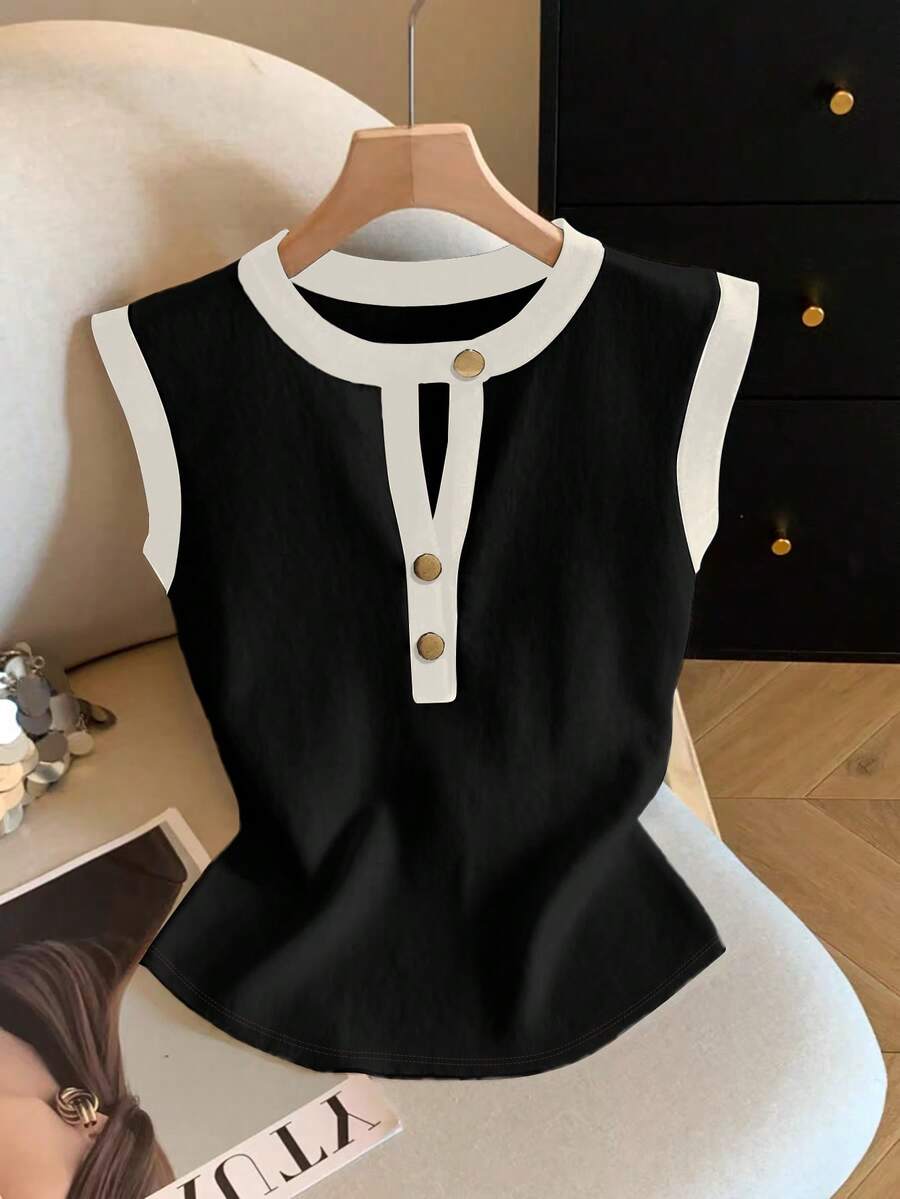 GlowEve Women's Casual Summer Button Front Cap Sleeves T-Shirt - Black - View 1