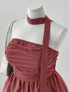 Sunspun Lace Hem Cropped Top With Plaid Strap Detail - Red - View 3