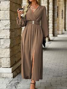 EMERY ROSE Women Solid Color Surplice Neck Lantern Sleeve Elastic Waist High Slit Dress Maxi Women Outfit - Mocha Brown - View 5