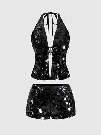 Grunge Punk Punk Rock Diva Festival Outfit, Halter Neck Sexy Sequin Cross Pendant 2 Pieces Set For New Year Party, Millennium Y2K