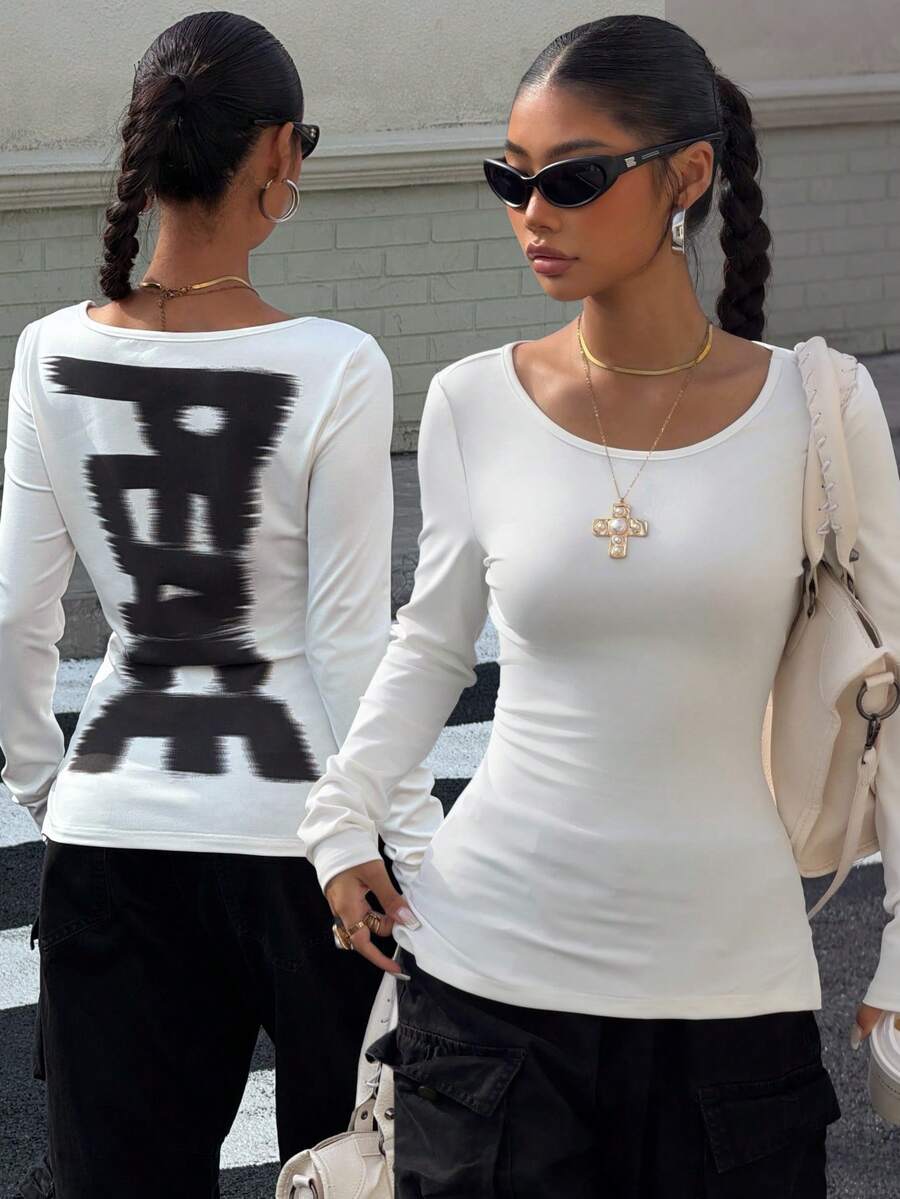 SHEIN Muchic Women's Letter Print Fitted Long Sleeve T-Shirt, White Y2k Top - White - View 1