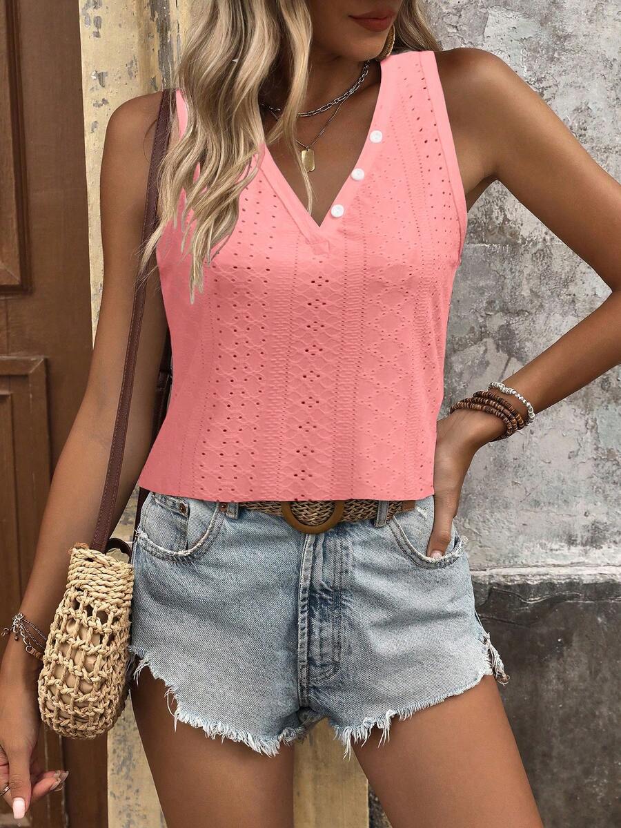 SHEIN LUNE V-Neck Hollow-Out Embroidery Casual Cami, Suitable For Summer - Watermelon Pink - View 1