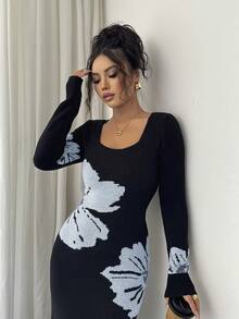 Elenzga Gaun Sweater Bodycon Rajut Jacquard Leher Persegi - Dusty Blue - View 6