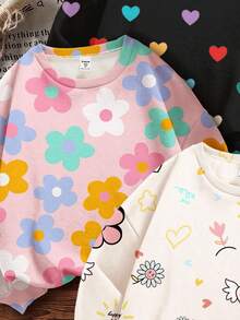 SHEIN Leap Crew Tween女孩 3件組可愛甜美多巴胺卡通花朵與愛心圓領寬鬆版型柔軟白色秋季校園返校休閒穿搭冬季 - 彩色 - 查看 4