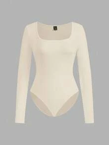 SHEIN EZwear 3件套女士休闲简约棕色卡其色米色方领长袖连体衣套装，秋冬季 - 彩色 - 查看 4