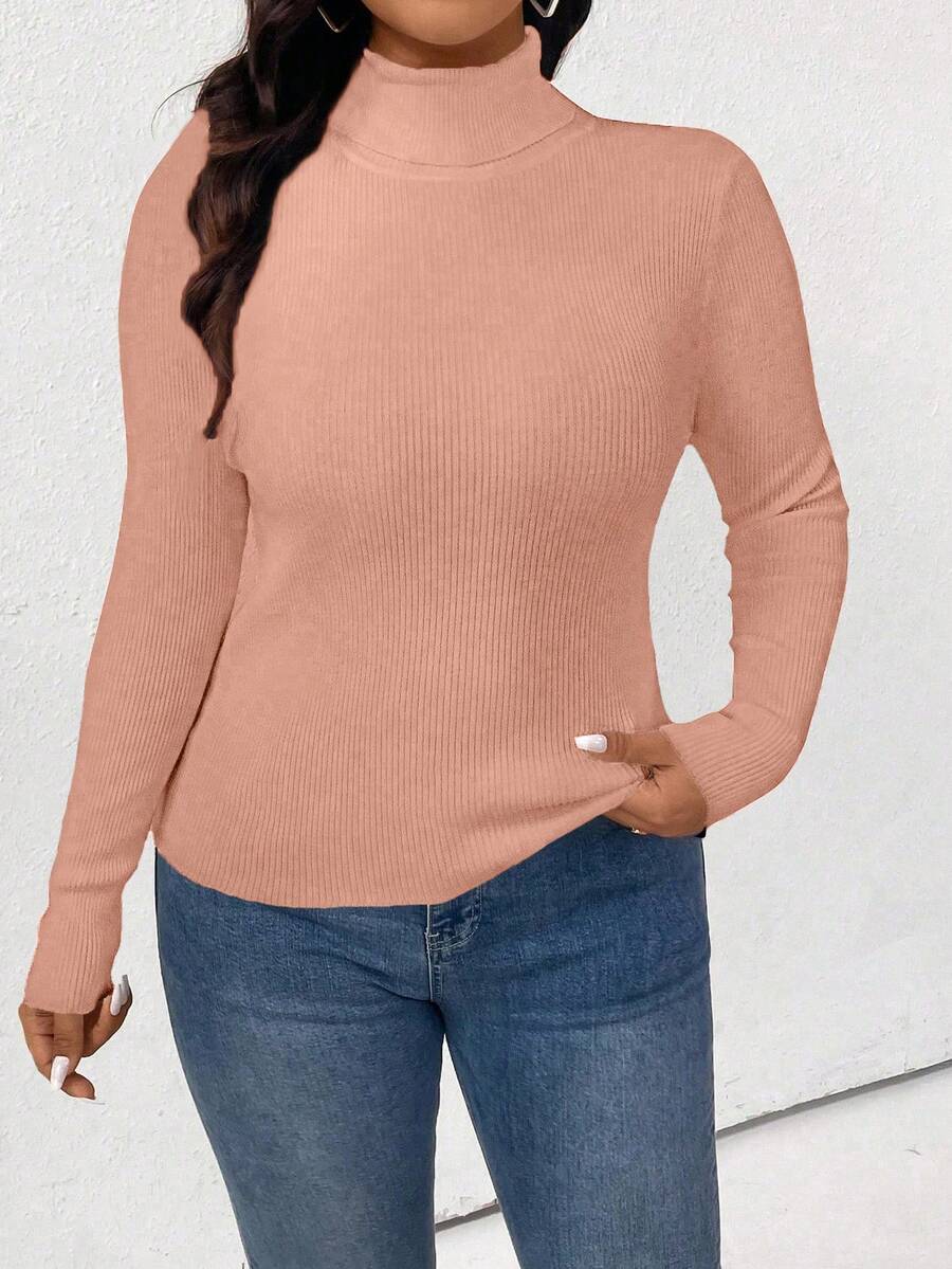 Áo len cổ lọ màu trơn thường ngày cỡ lớn dành cho nữ, Thu/Đông - Bụi hồng - Xem 1