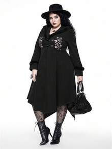 ROMWE EDITION 哥特式荆棘丛林花卉蝴蝶刺绣不对称下摆修身毛领纽扣长款黑色外套，花卉蝴蝶刺绣加大码黑色长款外套 - 黑色 - 查看 6