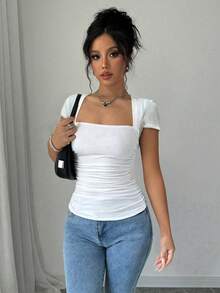 Selianne Fashionable Form-Fitting Raglan Sleeve U-Neck Gathered Waist High Stretch Knit White T-Shirt For Women, Spring/Summer - White - View 4