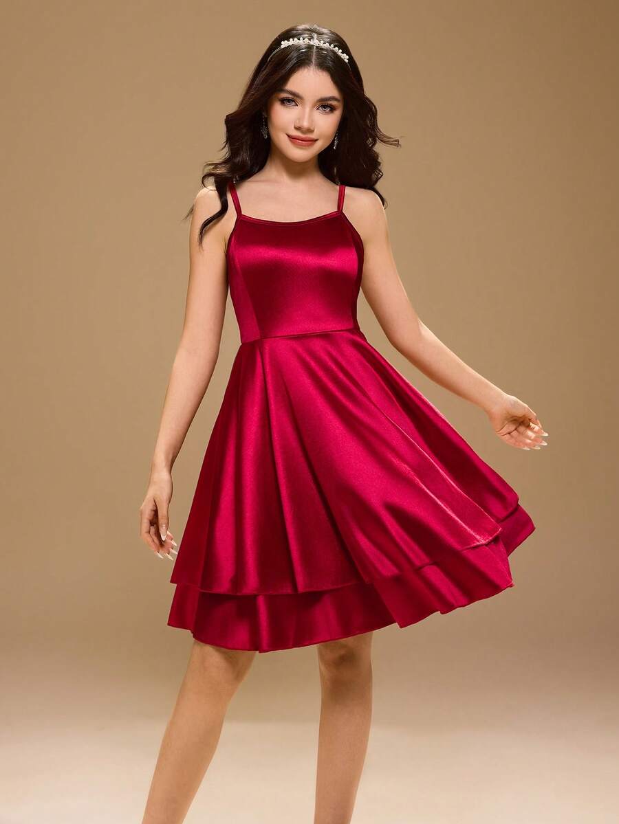 Váy dài màu đỏ tía cao cấp không tay, eo cao, viền xếp nếp kép, chất liệu satin bóng, thời trang tối giản thanh lịch cho bé gái tuổi teen, thích hợp cho Giáng sinh, khách dự tiệc cưới, biểu diễn - Màu Đỏ Sâu - Xem 1