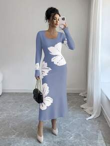 Elenzga 女士优雅印花高领修身收腰毛衣连衣裙，适合秋冬季穿着 - 霧霾藍 - 查看 3