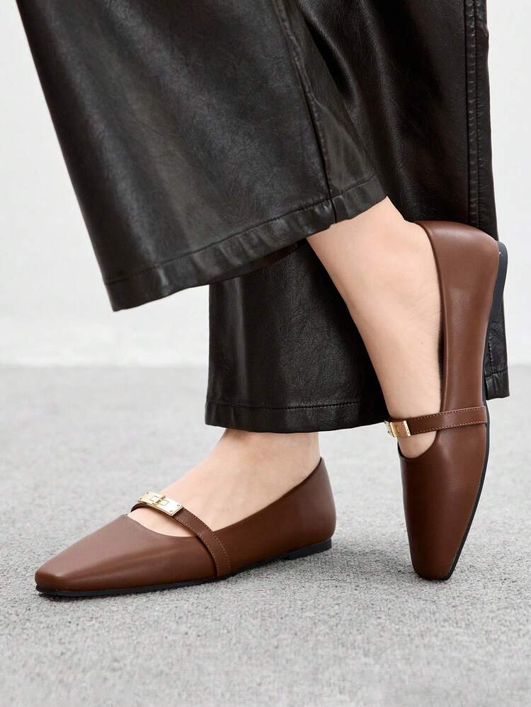 CUCCOO BIZCHIC Women's Square Toe Flat Brown Metal Buckle Slip-On Casual Mary Jane Flats, Comfortable And Suitable For Commuting With Dresses For Christmas Spring Shoes
