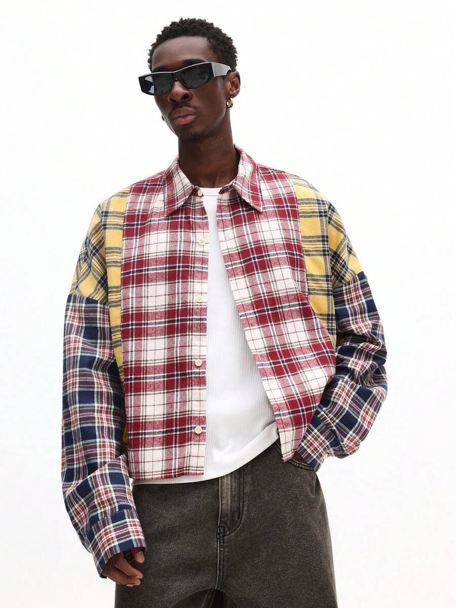 SUMWON 短款拼布格子纽扣衬衫长袖法兰绒领休闲男装 - 彩色 - 查看 1