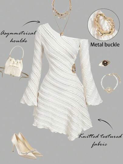 SHEIN MOD 女士纯色不对称肩部喇叭袖多层荷叶边金属装饰时尚连衣裙，春季休闲通勤旅行连衣裙，纹理面料，不对称下摆