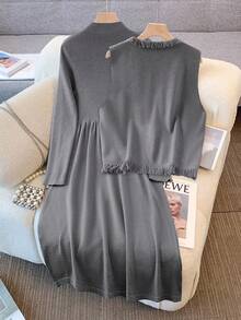 GlowEve CURVE Conjunto de vestido de suéter de manga larga y cárdigan de unicolor casual, talla grande, otoño/invierno - Gris - Ver 2