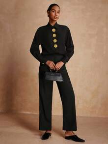 Vesra Women's Fashion Gold Decor Button Long Sleeve Top And Pants 2 Pieces Set Black Button Up Shirt - Black - View 3