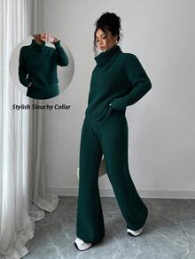 Elenzga 驼色休闲宽松针织衫和裤子两件套，优雅通勤装，秋冬季 - 墨綠色 - 查看 3