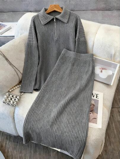 Franclia Set de 2 piezas de suéter de cuello alto con cremallera de punto acanalado de unicolor y falda casual de largo hasta la rodilla, conjunto de prendas de punto versátil para ir al trabajo, otoño/invierno