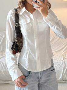 SHEIN Teen Girls Button-Up Long Sleeve Shirt With Front Chest Pocket - White - View 4
