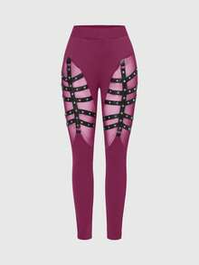 ROMWE Gothic Punk Style Women's Skinny Leggings With Straps And Rivets - Purple - View 1