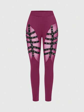 Goth سروال ضيق للنساء بطراز جوثيك بانك مزين بأشرطة وبراشيم