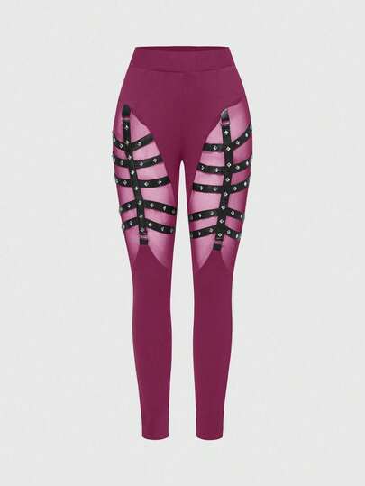 Gothic Punk Style Women's Skinny Leggings With Straps And Rivets