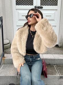 Firerie 女士时尚优雅简约酒红色仿皮草短外套，秋冬新款 - 卡其色 - 查看 5