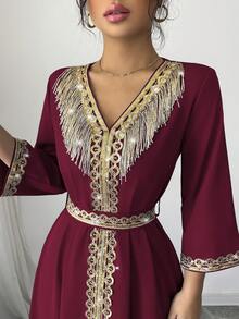 Elenzga Women's Elegant Fringe & Sequin Patchwork Dress - Red - View 5