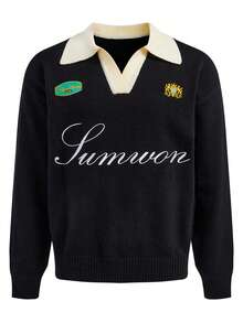 SUMWON Designer College Knit Polo Style Sweater Varsity Club Badge Embroidered Logo Winter Classic Casual Pullover - Black and White - View 1
