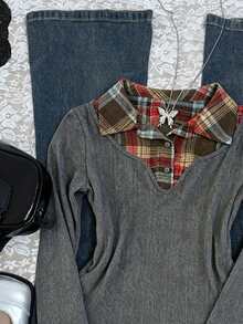 INAWLY Lässiges Damen-Top mit Karomuster und ausgestellten Ärmeln (2-in-1) - Grau - Übersicht 5