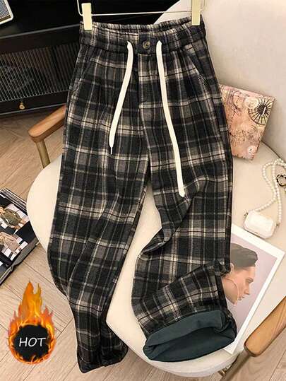Franclia Pantalones de mujer de moda nuevos de invierno con cintura alta, estilo vintage a cuadros, forrados de franela, elásticos y cómodos para el otoño y el invierno, pantalones a cuadros, pantalones de franela, pantalones de cintura elástica gruesos a cuadros, pantalones a cuadros negros para oficina y negocios
