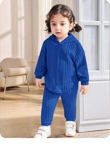 SHEIN 2pcs Baby Girl High Stretch Textured Ribbed Thermal Lined Hoodie Sweatshirt And Jogger Pants Tracksuit Set, Versatile All-Match For Winter - Blue - View 1