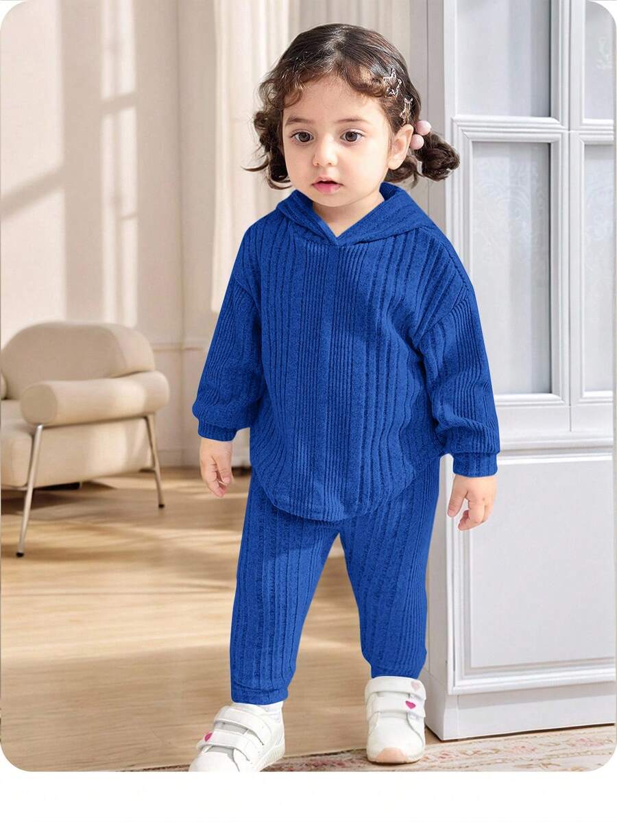 SHEIN 2pcs Baby Girl High Stretch Textured Ribbed Thermal Lined Hoodie Sweatshirt And Jogger Pants Tracksuit Set, Versatile All-Match For Winter - Blue - View 1