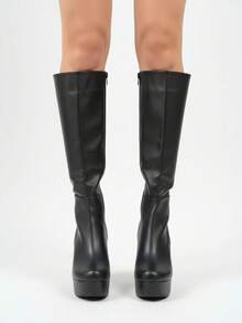 Botas para mujer con plataforma y tacón grueso, punta redonda, diseño minimalista, estilo elegante moderno para fiesta y uso diario - Negro - Ver 3