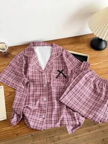 SHEIN Bộ đồ ngủ tay ngắn ve áo họa tiết kẻ caro - Bụi hồng - Xem 5