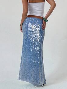 Aloruh Nouvelle jupe longue jusqu'au sol style Y2K brillante avec sequins, minimaliste et sexy. Tenue de soirée, de club, de festival de musique polyvalente à taille basse et ajustée - Bleu marine - Voir 2