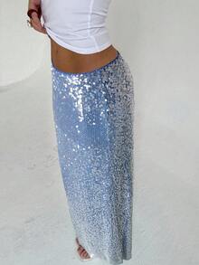 Aloruh Nouvelle jupe longue jusqu'au sol style Y2K brillante avec sequins, minimaliste et sexy. Tenue de soirée, de club, de festival de musique polyvalente à taille basse et ajustée - Bleu marine - Voir 7