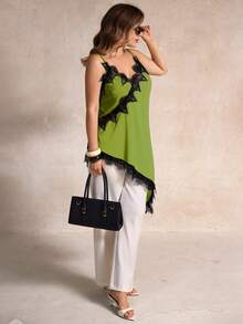 Elegantrix 大码女式都市休闲蕾丝不对称下摆 V 领拼接纯色吊带背心 - 橄欖綠 - 查看 4