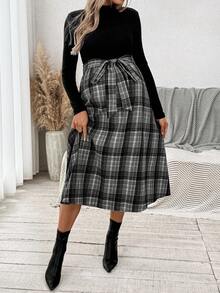 SHEIN Váy xếp ly cổ vuông tay raglan họa tiết caro thanh lịch dành cho bà bầu - Nhiều màu - Xem 3